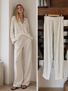 Max Studio Striped Linen Pants in Cream and Tan